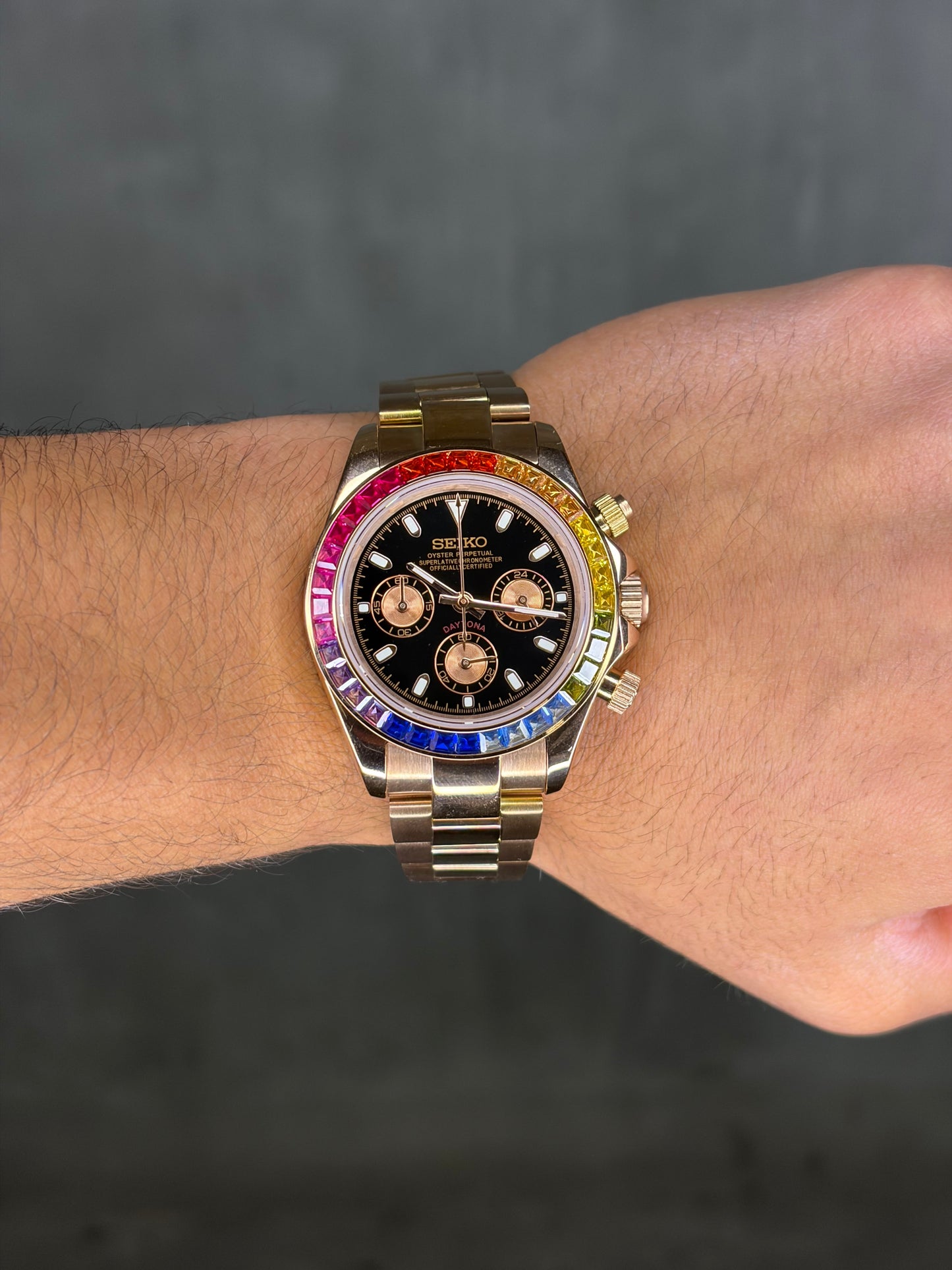 Rainbow baguette & rose gold daytona - Seiko Mod