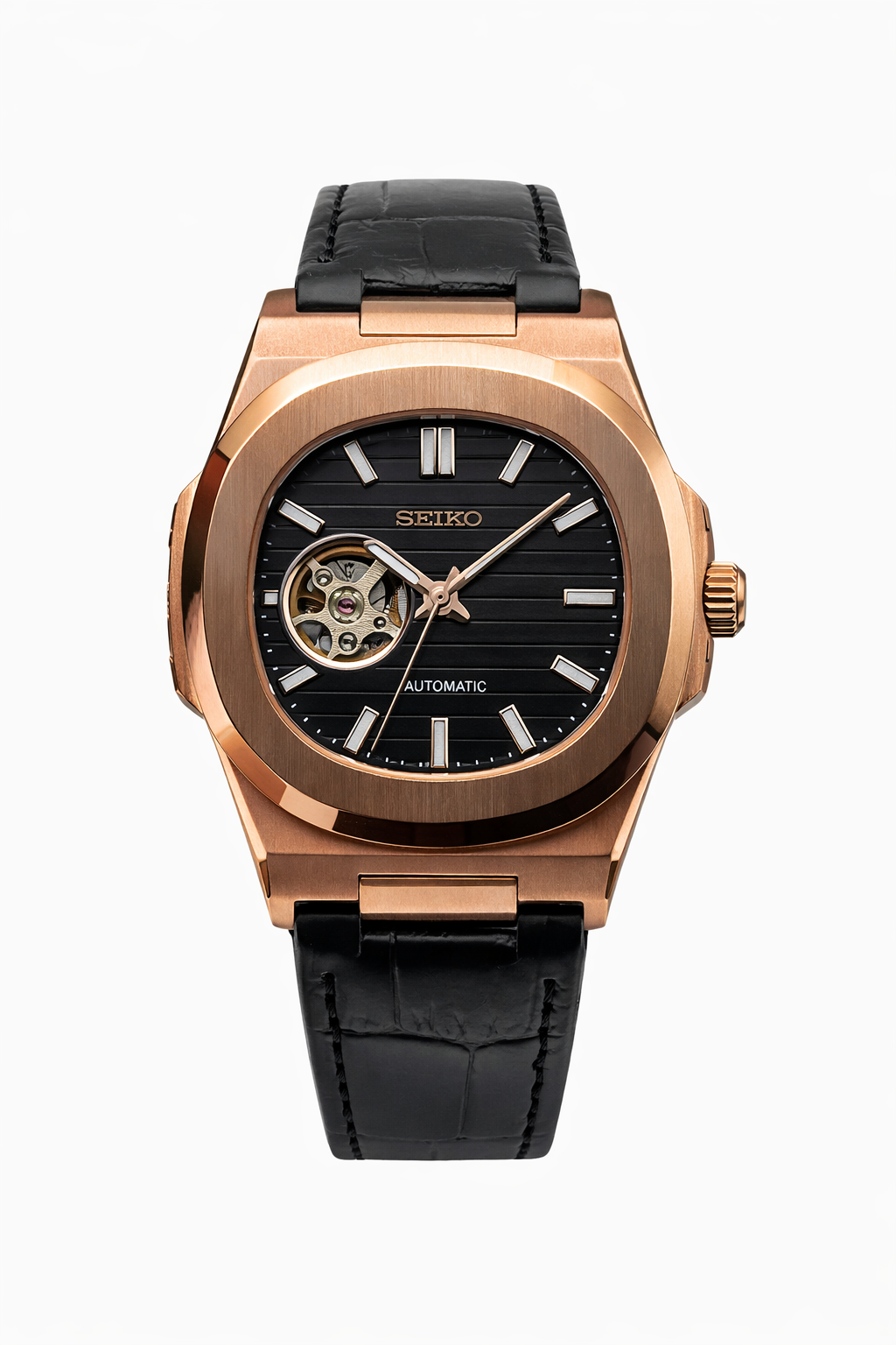 Nautilus Rose Gold Open Heart Leather bracelet - Seiko Mod