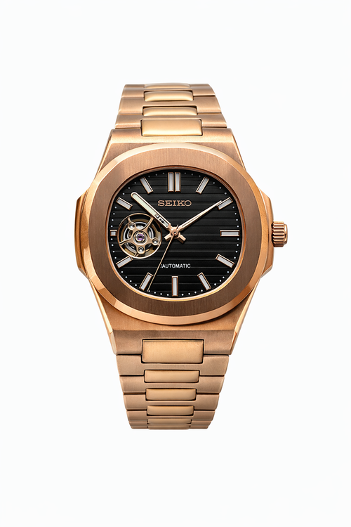 Nautilus Rose Gold & Black Open Heart - Seiko Mod