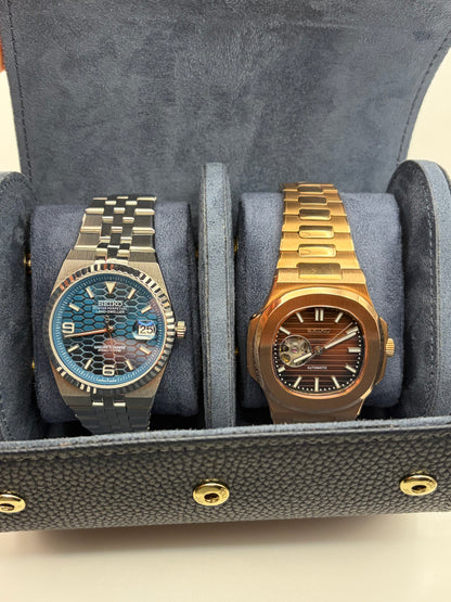 Étui en cuir bleu pour 2 montres