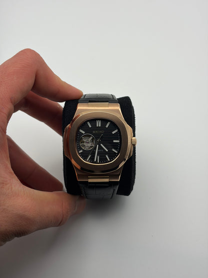 Nautilus Rose Gold Open Heart Leather bracelet - Seiko Mod