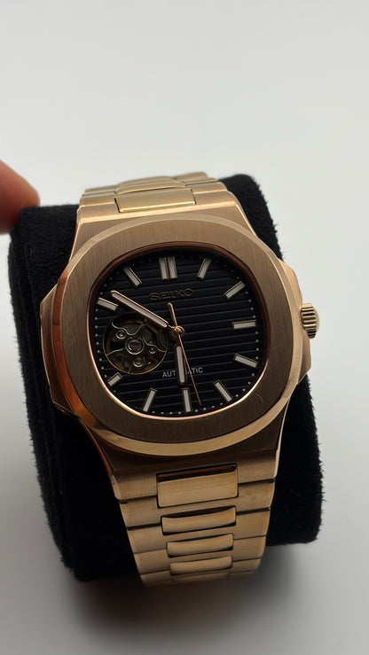 Nautilus Rose Gold & Black Open Heart - Seiko Mod