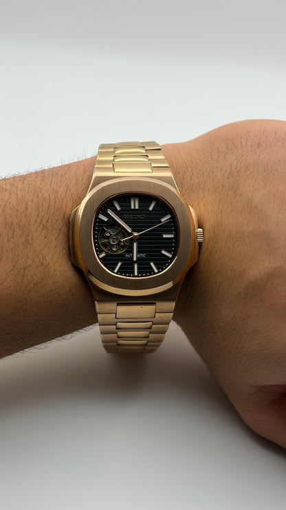 Nautilus Rose Gold & Black Open Heart - Seiko Mod