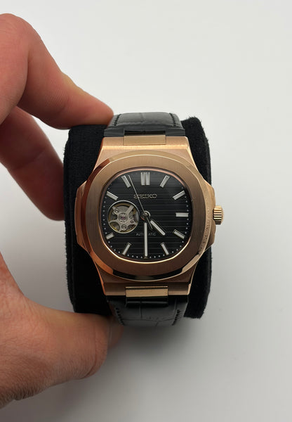 Nautilus Rose Gold Open Heart Leather bracelet - Seiko Mod