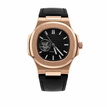Nautilus Rose Gold Open Heart & Black Leather